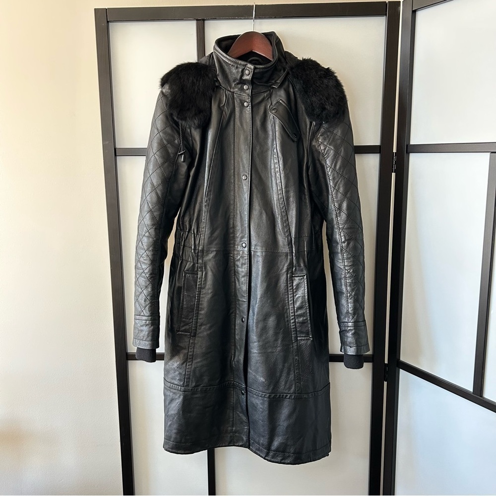 [XS] Vintage Danier Leather Moto Style Trench Coat Black Rabbit Fur Hood Winter